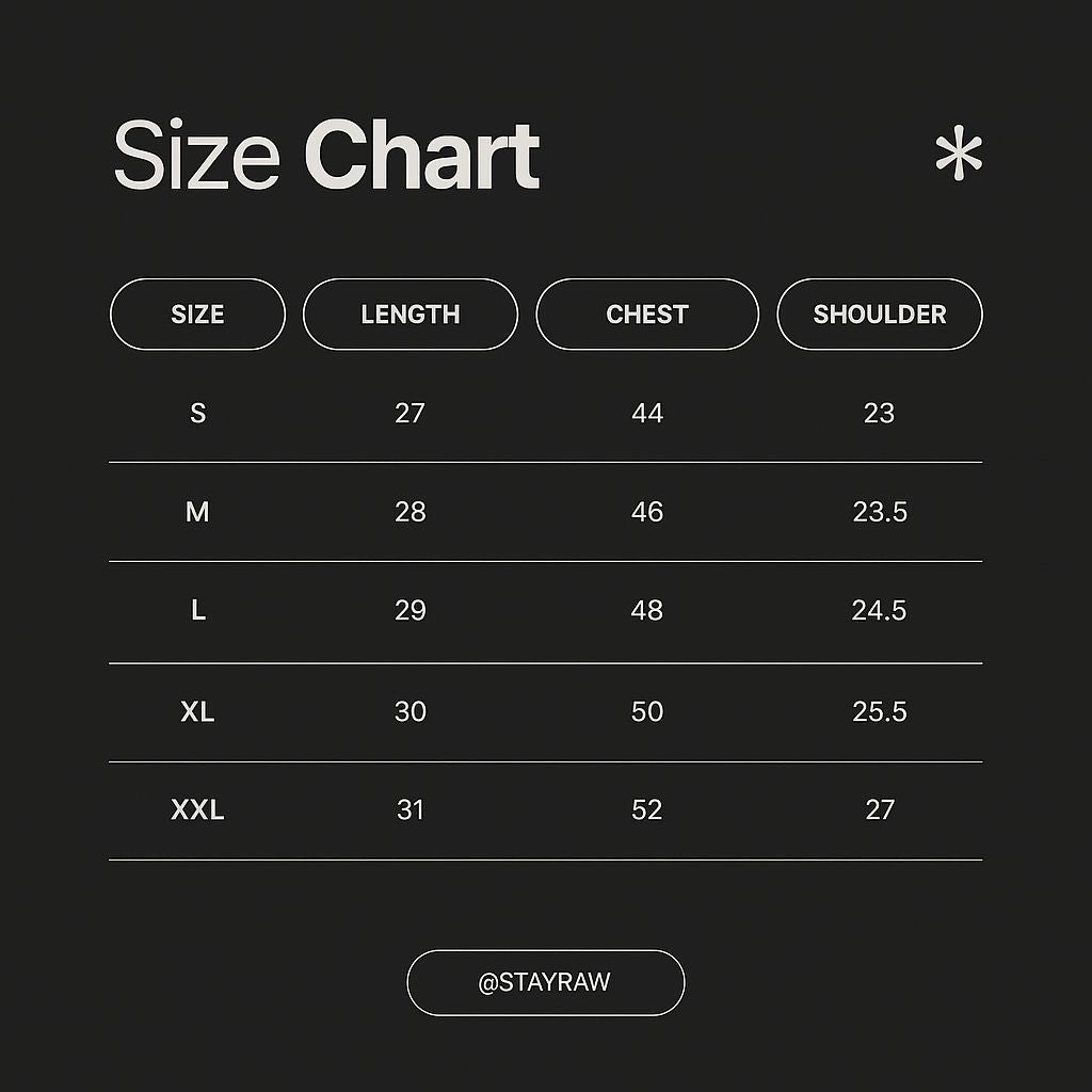 Size chart with measurements for size S to XXL on a black background