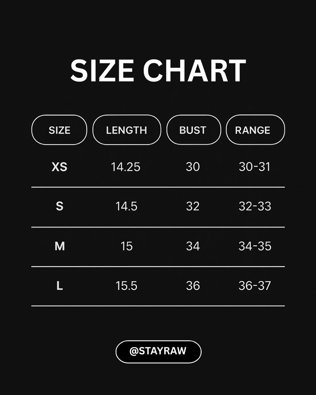 Size chart for clothing with measurements on a black background